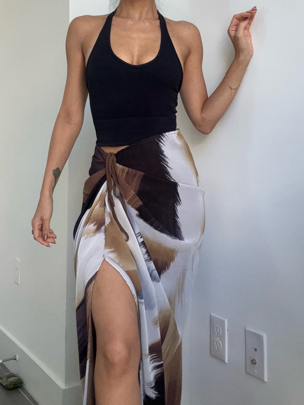 JLUXLABEL Brown and Cream Abstract Wrap Maxi Skirt